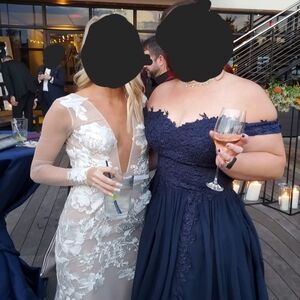 David's Bridal Blue Off-Shoulder Sleeveless Gown